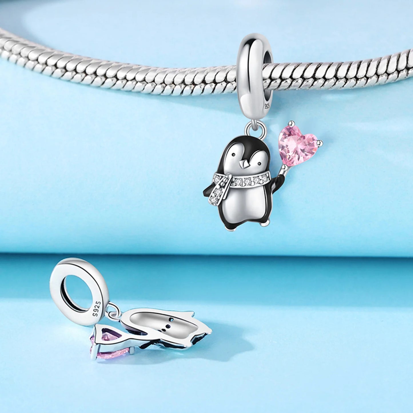 Cute Pink Heart Penguin Sterling Silver Charm Hallmarked S925 for Charm Bracelet and Necklace
