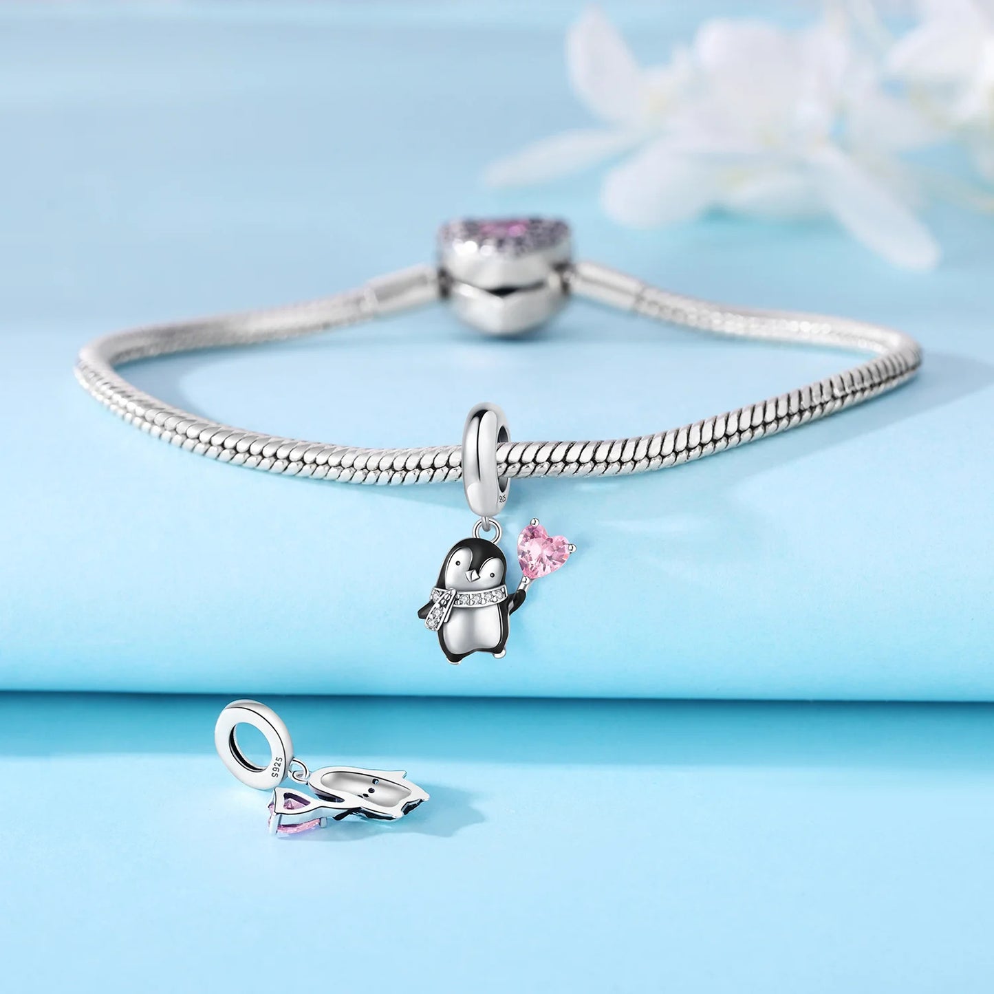 Cute Pink Heart Penguin Sterling Silver Charm Hallmarked S925 for Charm Bracelet and Necklace