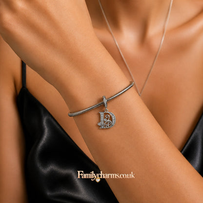 Classic Alphabet Letters A to Z Sterling Silver Dangle Charm Hallmarked S925 for Charm Bracelet and Necklace