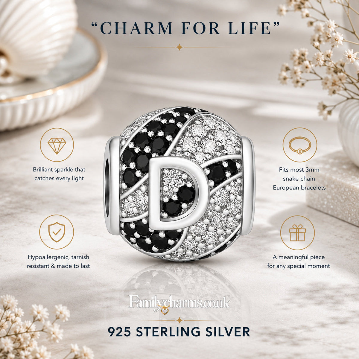Alphabets Letter D Sterling Silver Charm Hallmarked S925 for Charm Bracelet and Necklace