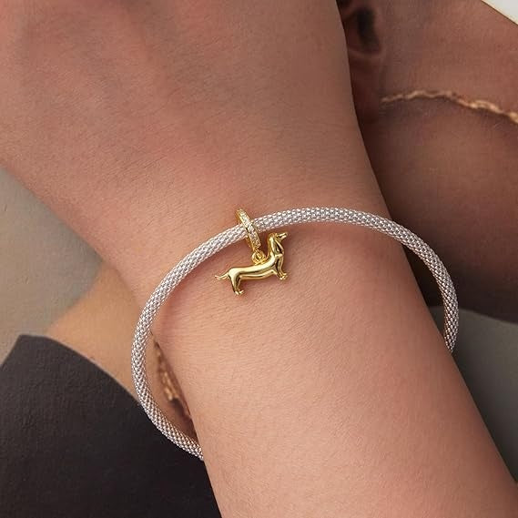Dachshund Dog Golden Dangle Sterling Silver Charm Hallmarked S925 for Charm Bracelet and Necklace