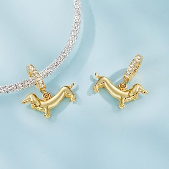 Dachshund Dog Golden Dangle Sterling Silver Charm Hallmarked S925 for Charm Bracelet and Necklace