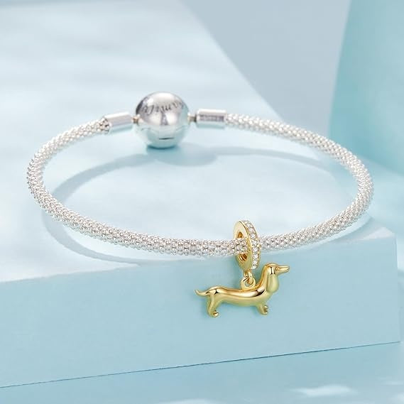 Dachshund Dog Golden Dangle Sterling Silver Charm Hallmarked S925 for Charm Bracelet and Necklace