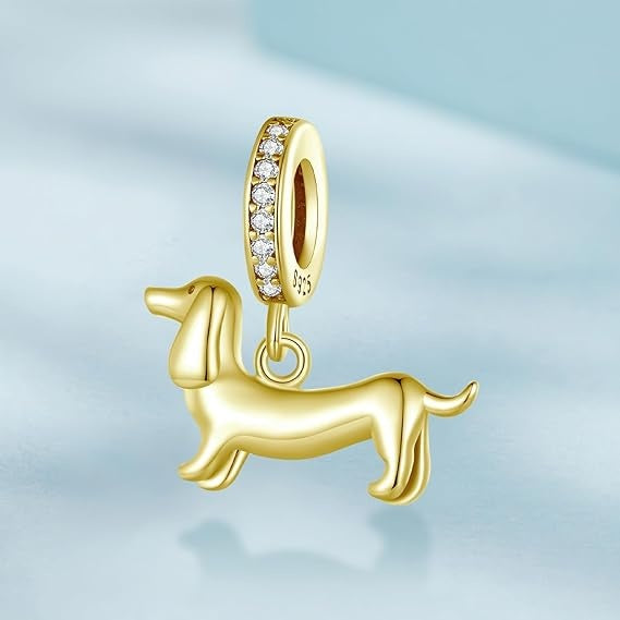 Dachshund Dog Golden Dangle Sterling Silver Charm Hallmarked S925 for Charm Bracelet and Necklace
