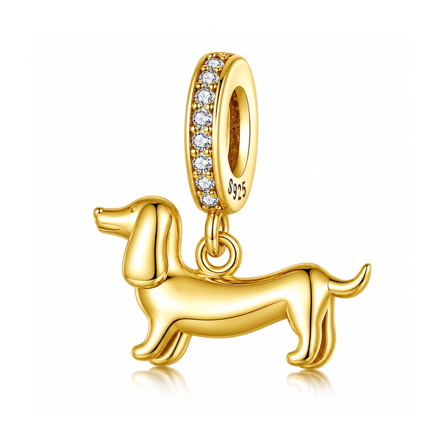 Dachshund Dog Golden Dangle Sterling Silver Charm Hallmarked S925 for Charm Bracelet and Necklace