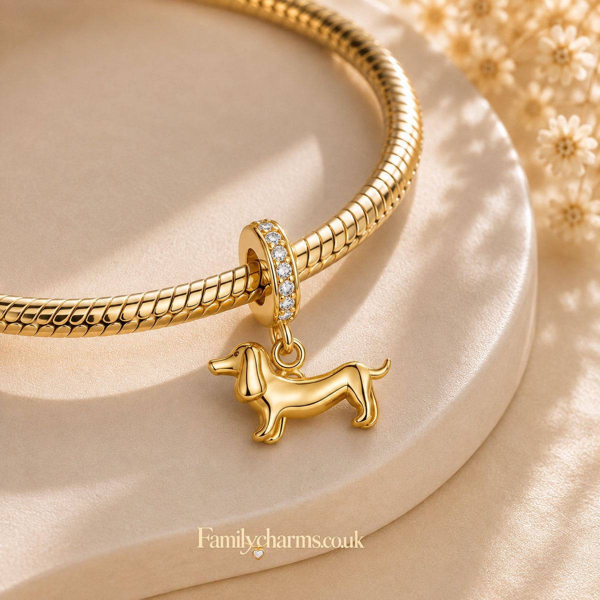 Dachshund Dog Golden Dangle Sterling Silver Charm Hallmarked S925 for Charm Bracelet and Necklace
