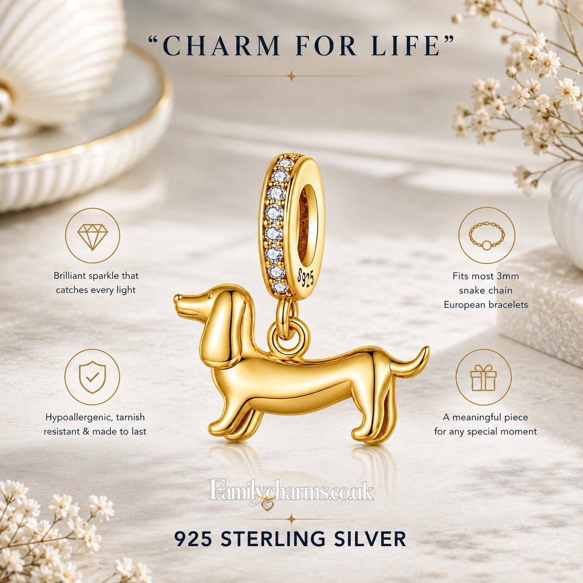 Dachshund Dog Golden Dangle Sterling Silver Charm Hallmarked S925 for Charm Bracelet and Necklace