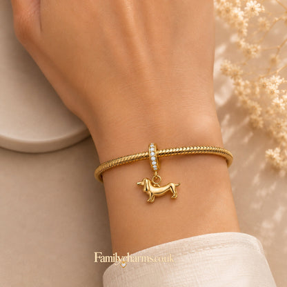Dachshund Dog Golden Dangle Sterling Silver Charm Hallmarked S925 for Charm Bracelet and Necklace