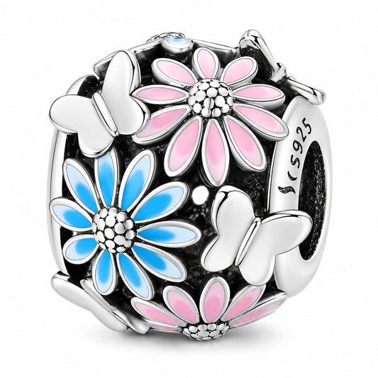 Blossom Flower Sterling Silver Bead Charm Hallmarked S925 for Charm Bracelet and Necklace