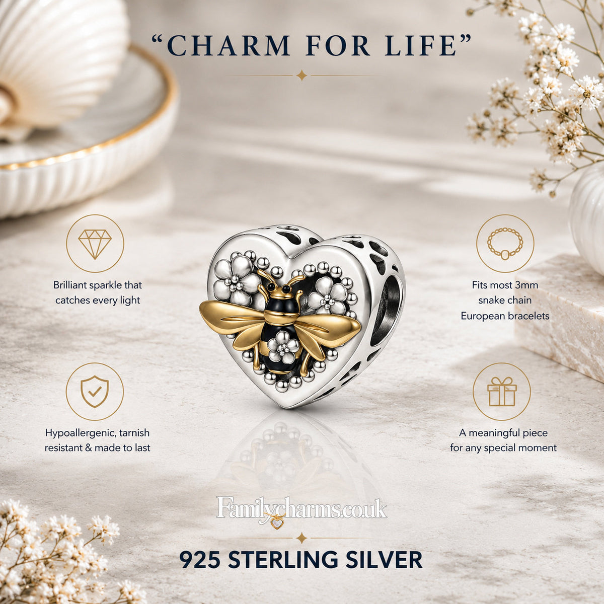 Dancing Bee Heart Charm Hallmarked S925 for Charm Bracelet and Necklace