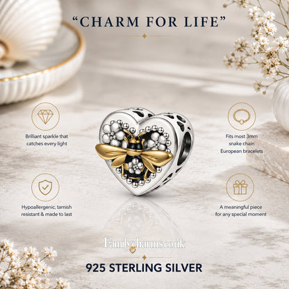 Dancing Bee Heart Charm Hallmarked S925 for Charm Bracelet and Necklace