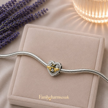 Dancing Bee Heart Charm Hallmarked S925 for Charm Bracelet and Necklace
