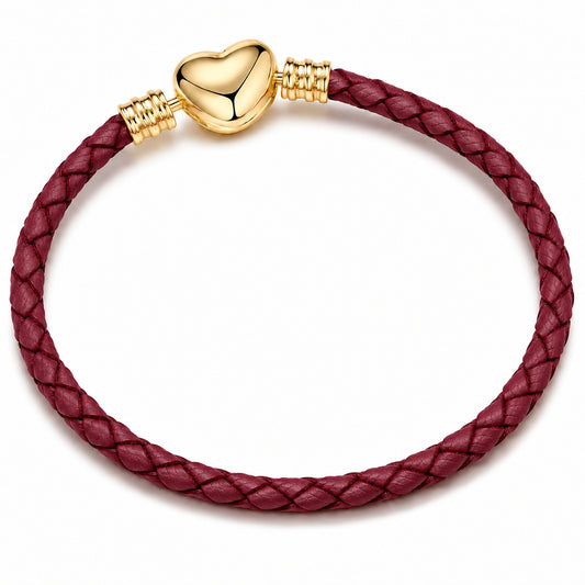 Dark Red Leather Heart Rope Chain Charm Bracelet
