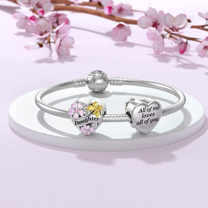 Daughter Flower & Butterfly Heart Sterling Silver Charm Hallmarked S925 for Charm Bracelet and Necklace
