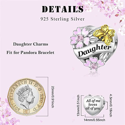 Daughter Flower & Butterfly Heart Sterling Silver Charm Hallmarked S925 for Charm Bracelet and Necklace