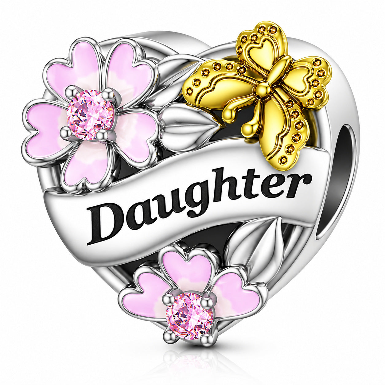 Daughter Flower & Butterfly Heart Sterling Silver Charm Hallmarked S925 for Charm Bracelet and Necklace