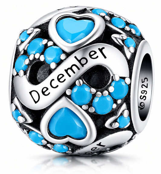 December Birthstone Infinity Birthday Bead Sterling Silver Charm Hallmarked S925 for Charm Bracelet and Necklace