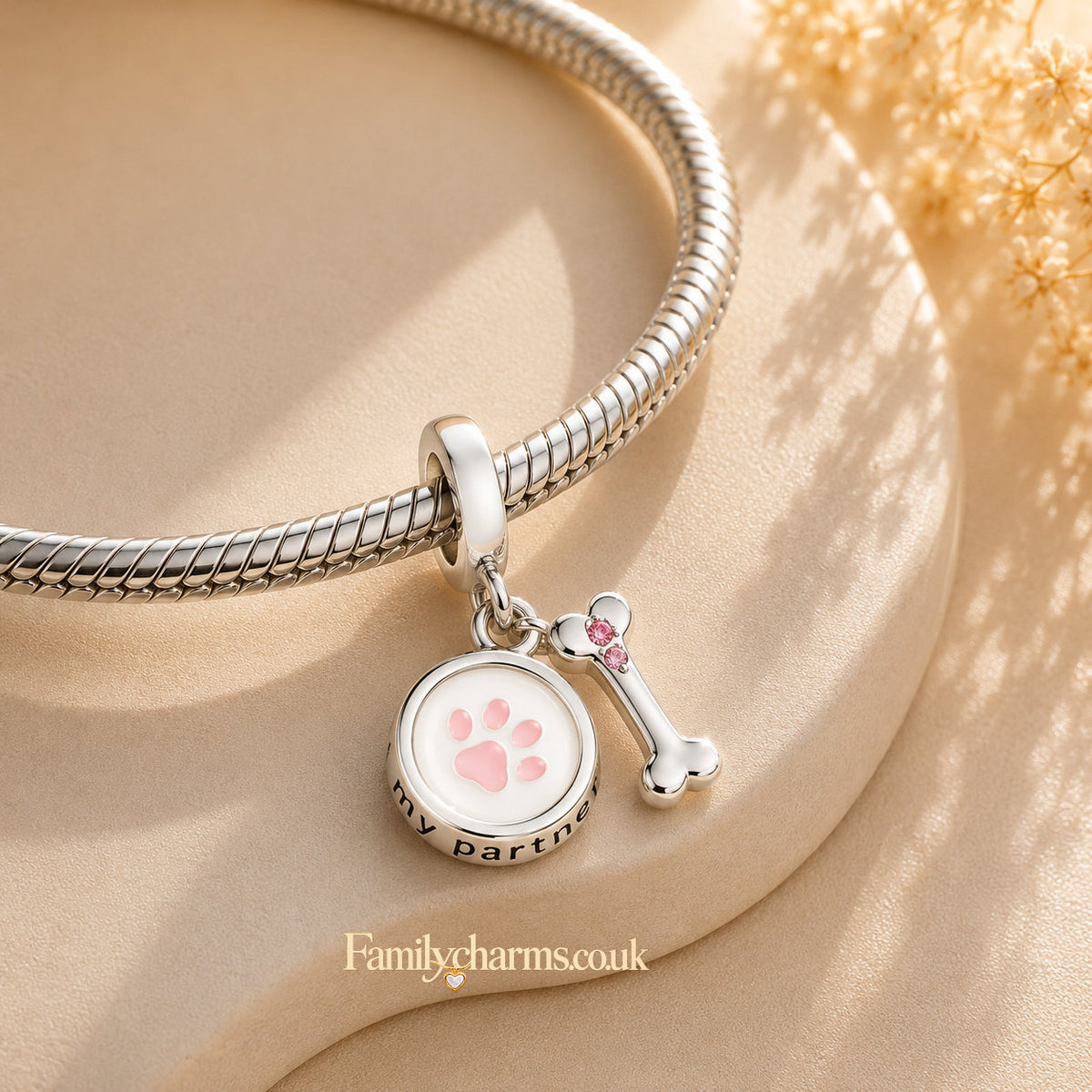 Dog Paw Print, Bone & Bowl Sterling Silver Charm Hallmarked S925 for Charm Bracelet and Necklace