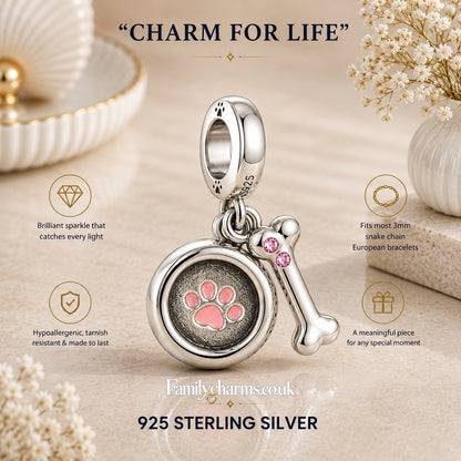 Dog Paw Print, Bone & Bowl Sterling Silver Charm Hallmarked S925 for Charm Bracelet and Necklace