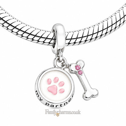Dog Paw Print, Bone & Bowl Sterling Silver Charm Hallmarked S925 for Charm Bracelet and Necklace