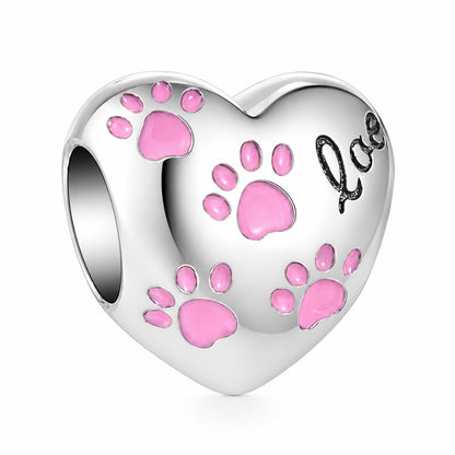 Pink Paw Print Heart Sterling Silver Charm Hallmarked S925 for Charm Bracelet and Necklace