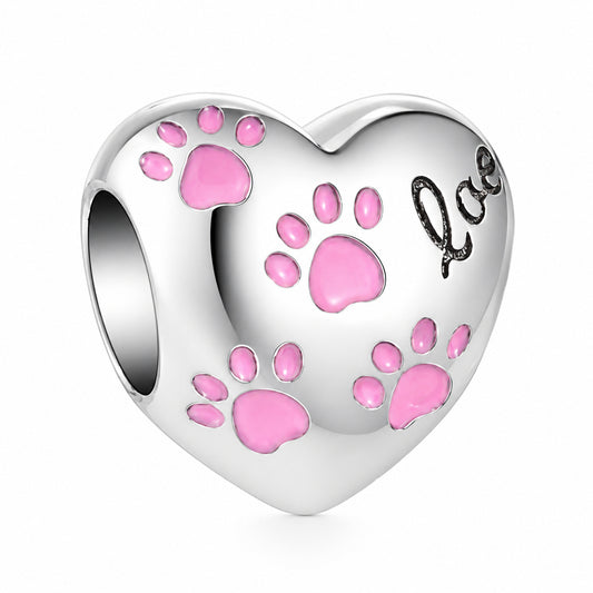 Pink Paw Print Heart Sterling Silver Charm Hallmarked S925 for Charm Bracelet and Necklace
