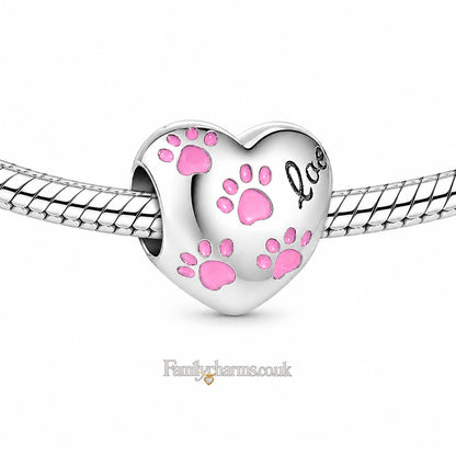 Pink Paw Print Heart Sterling Silver Charm Hallmarked S925 for Charm Bracelet and Necklace