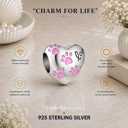 Pink Paw Print Heart Sterling Silver Charm Hallmarked S925 for Charm Bracelet and Necklace