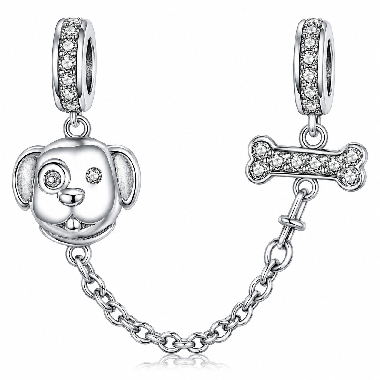 Dog and Bone Safety Chain Sterling Silver Charm Hallmarked S925 for Charm Bracelet and Necklace
