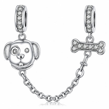 Dog and Bone Safety Chain Sterling Silver Charm Hallmarked S925 for Charm Bracelet and Necklace