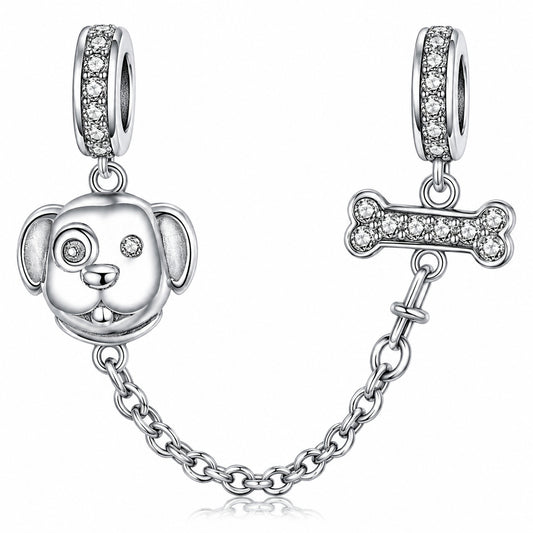 Dog and Bone Safety Chain Sterling Silver Charm Hallmarked S925 for Charm Bracelet and Necklace