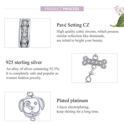 Dog and Bone Safety Chain Sterling Silver Charm Hallmarked S925 for Charm Bracelet and Necklace