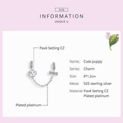 Dog and Bone Safety Chain Sterling Silver Charm Hallmarked S925 for Charm Bracelet and Necklace