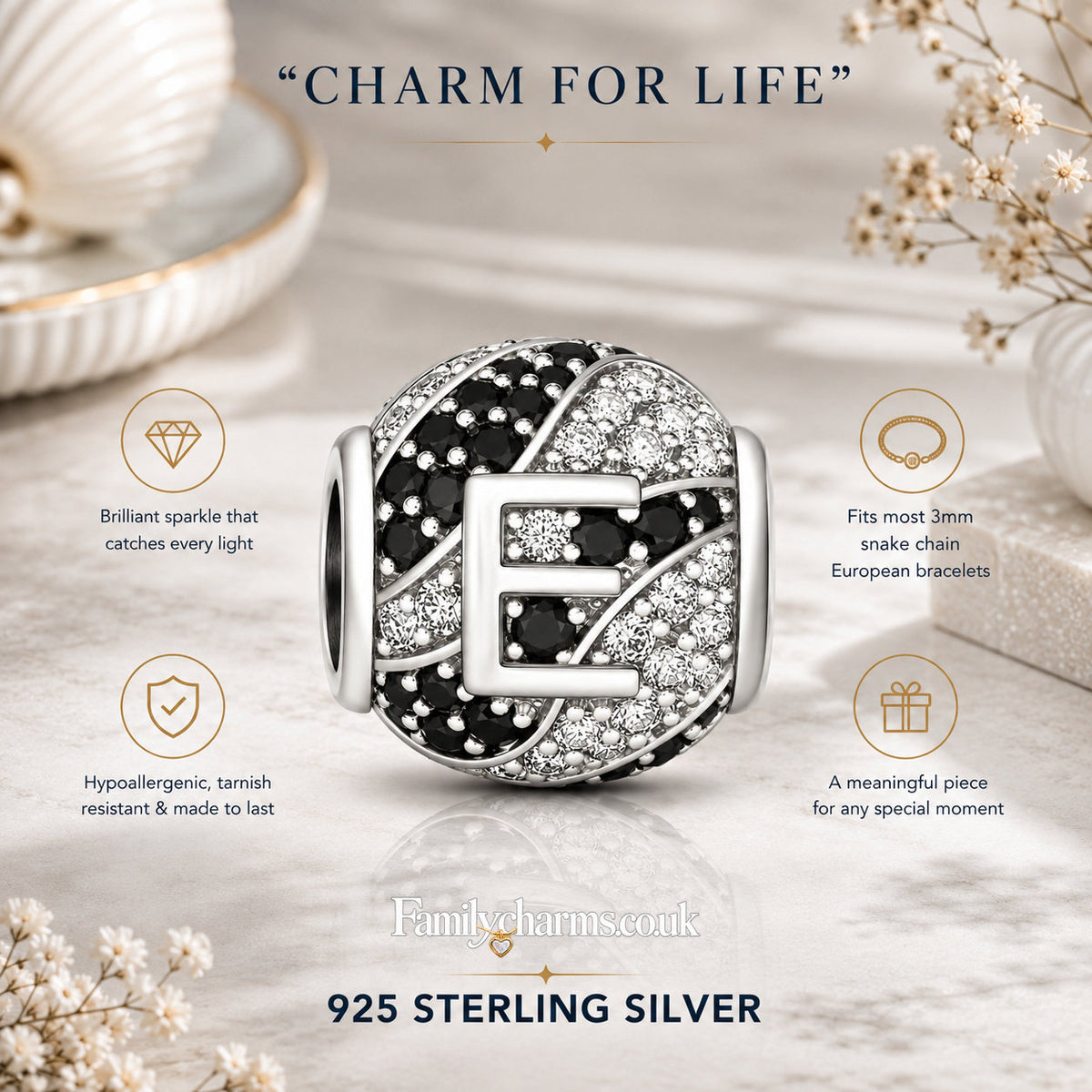 Alphabets Letter E Sterling Silver Charm Hallmarked S925 for Charm Bracelet and Necklace