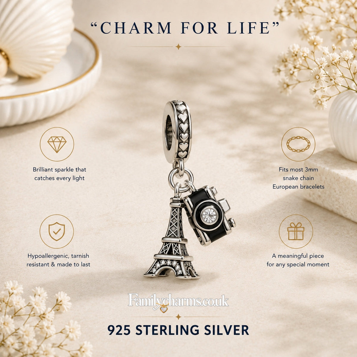 Eiffel Tower Travel Dangle Sterling Silver Charm Hallmarked S925 for Charm Bracelet and Necklace