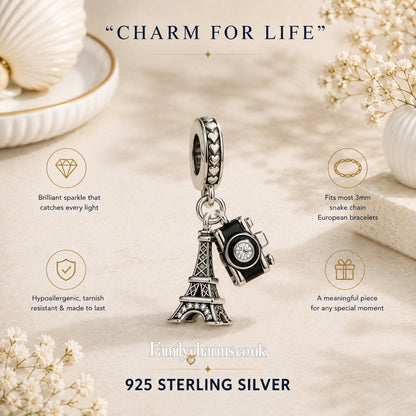 Eiffel Tower Travel Dangle Sterling Silver Charm Hallmarked S925 for Charm Bracelet and Necklace