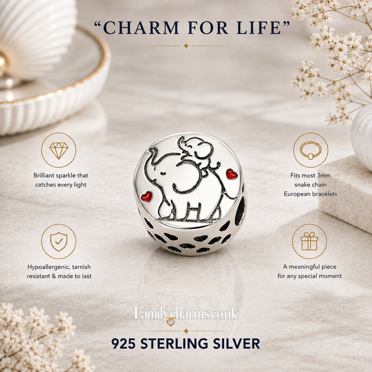 Elephant Bead Sterling Silver Charm Hallmarked S925 for Charm Bracelet and Necklace
