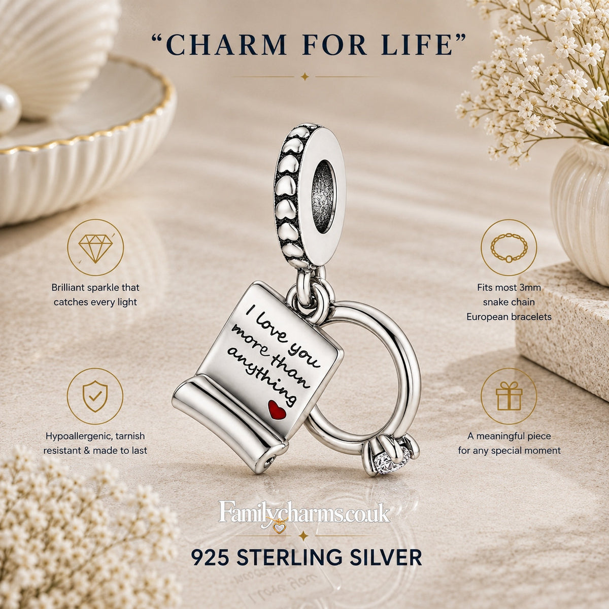 Engagement Promise Ring Charm Sterling Silver Charm Hallmarked S925 for Charm Bracelet and Necklace