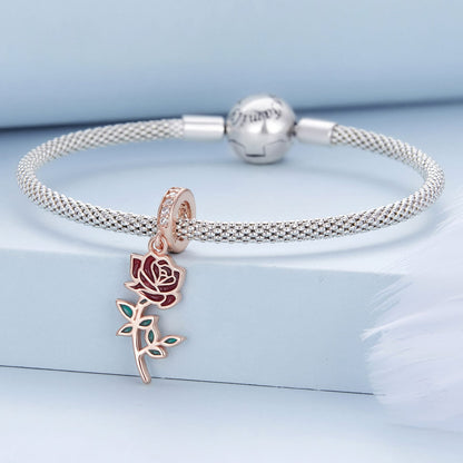 English Red Rose Sterling Silver Charm Hallmarked S925 for Charm Bracelet and Necklace