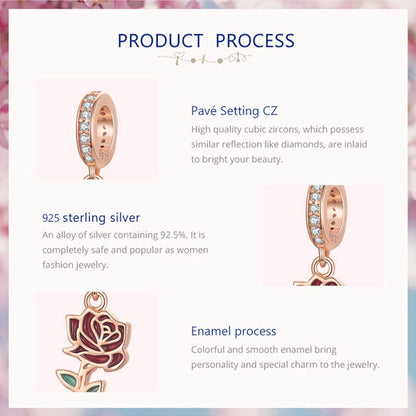 English Red Rose Sterling Silver Charm Hallmarked S925 for Charm Bracelet and Necklace