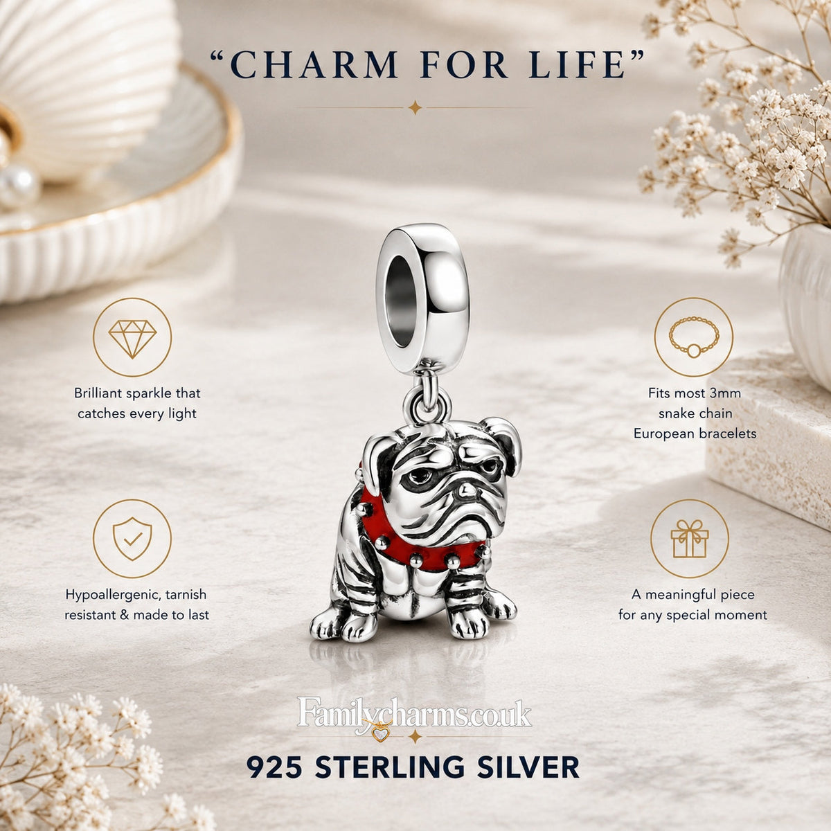 English Bulldog Charm for Bracelet, S925 Sterling Silver
