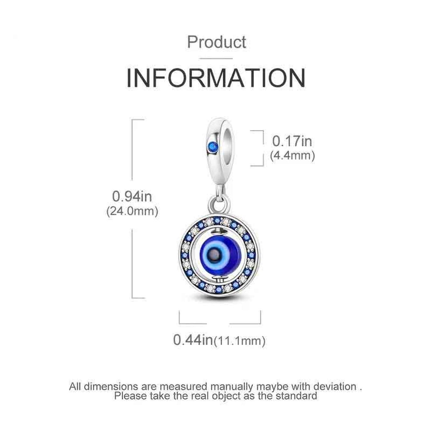 Rotating Blue Evil Eye Charm Sterling Silver Charm Hallmarked S925 for Charm Bracelet and Necklace