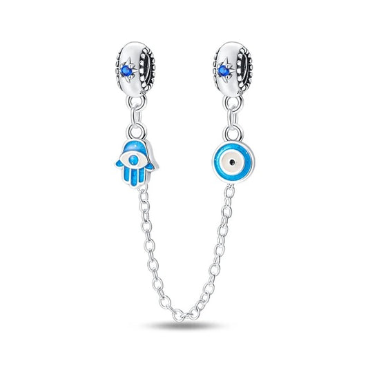 Evil Eye Protective Hamsa Hand Safety Chain Charm for Bracelet, S925 Sterling Silver