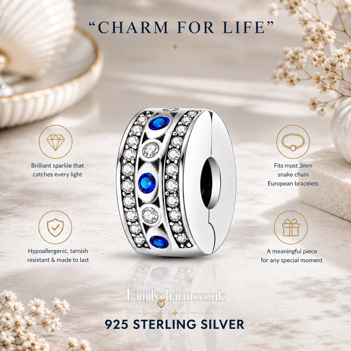 Evil Eye Lucky Charm Clip Sterling Silver Charm Hallmarked S925 for Charm Bracelet and Necklace