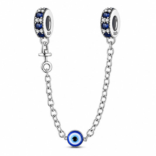 Evil Eye Safety Chain Sterling Silver Charm Hallmarked S925 for Charm Bracelet and Necklace