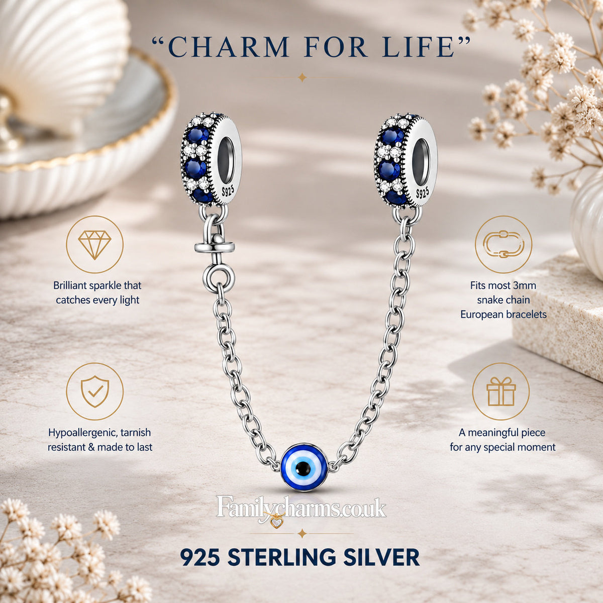 Evil Eye Safety Chain Sterling Silver Charm Hallmarked S925 for Charm Bracelet and Necklace