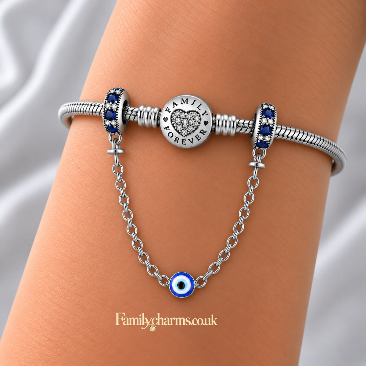 Evil Eye Safety Chain Sterling Silver Charm Hallmarked S925 for Charm Bracelet and Necklace