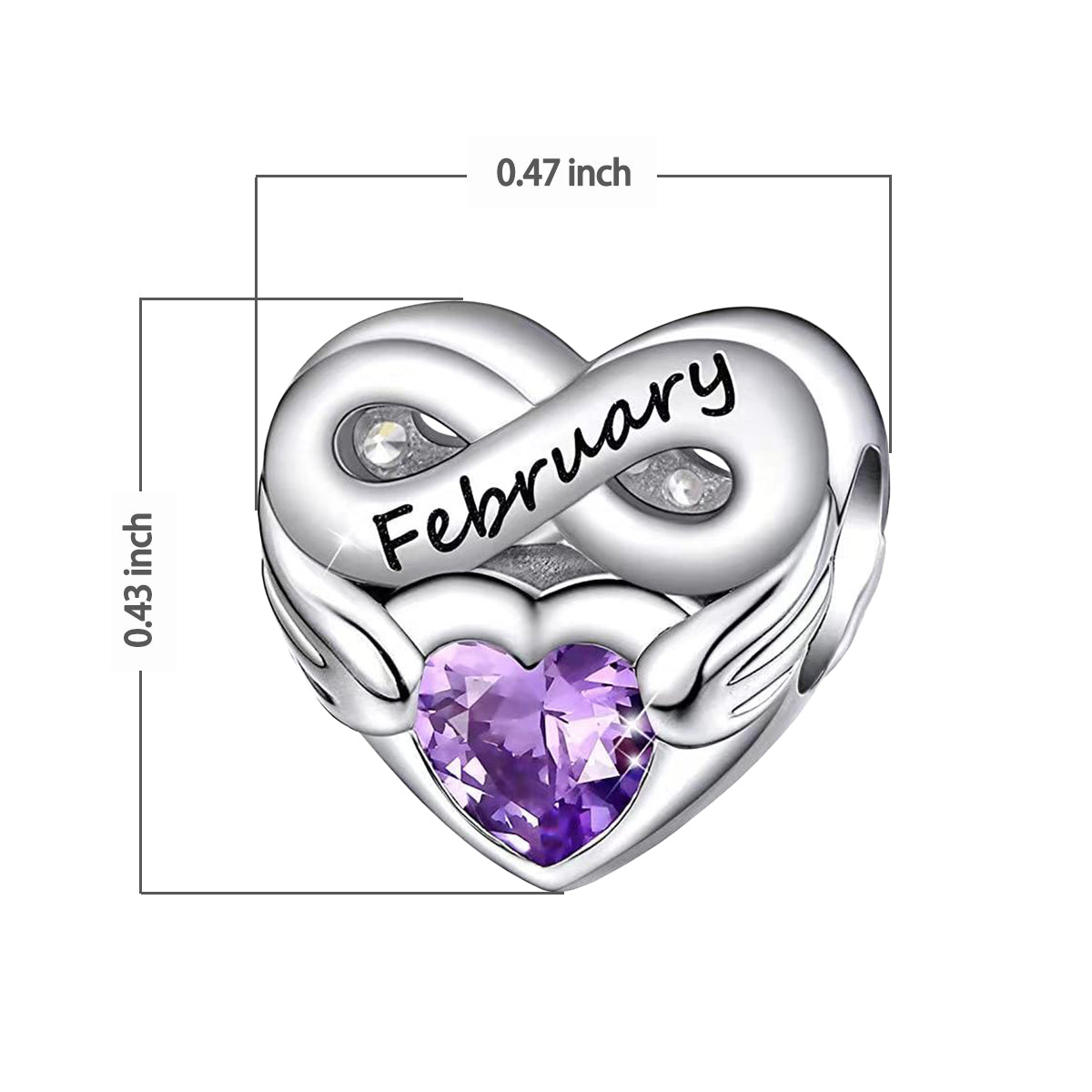February Birthstone Months Heart Charm for Bracelet, S925 Sterling Silver