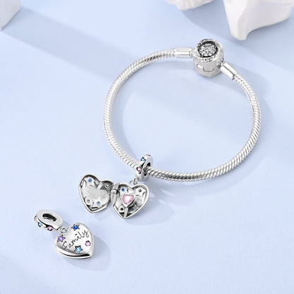 Family Heart Locket Dangle Sterling Silver Charm Hallmarked S925 for Charm Bracelet and Necklace