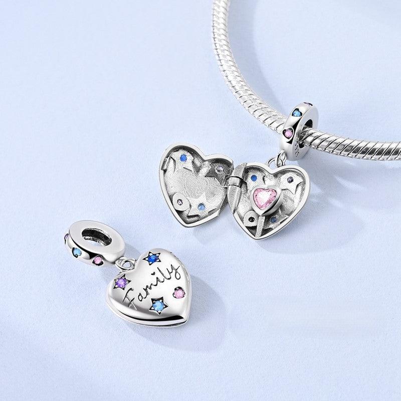 Family Heart Locket Dangle Sterling Silver Charm Hallmarked S925 for Charm Bracelet and Necklace